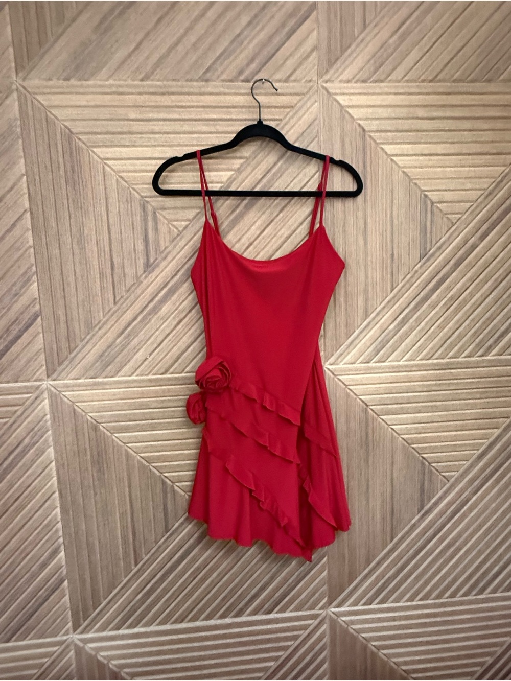 Darling Red Ruffle Slip Dress with Floral Accent